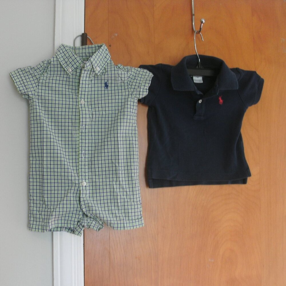 RALPH LAUREN Navy Polo Shirt & Plaid Blue & Green One Piece Romper size 9 months